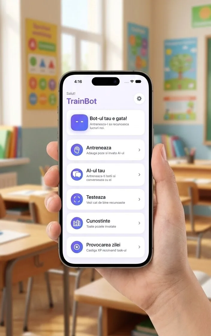 Copil ținând în mână un iPhone cu aplicația TrainBot